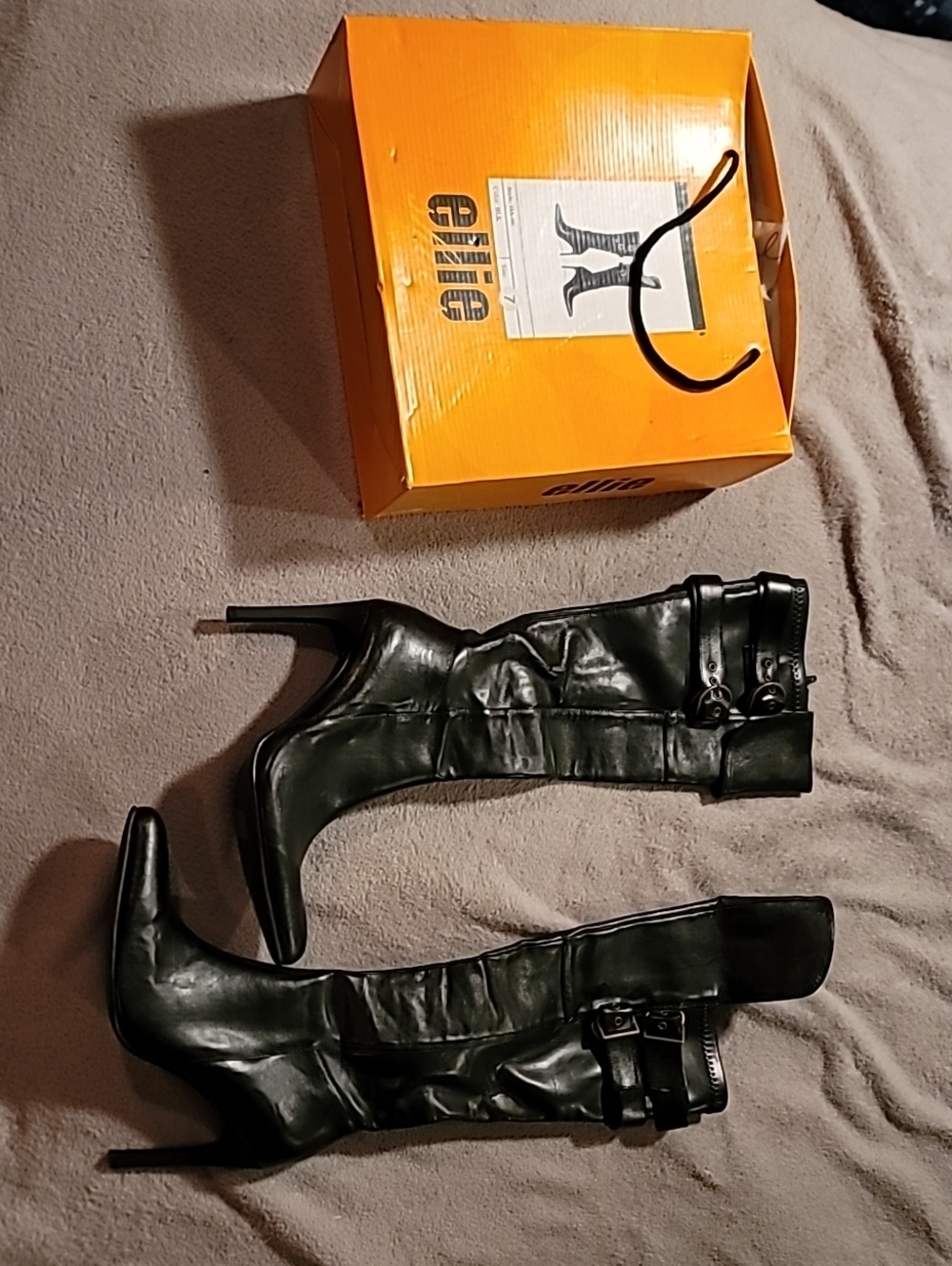 Ellie Black High Heel Knee-High Boots with Buckle Accents
